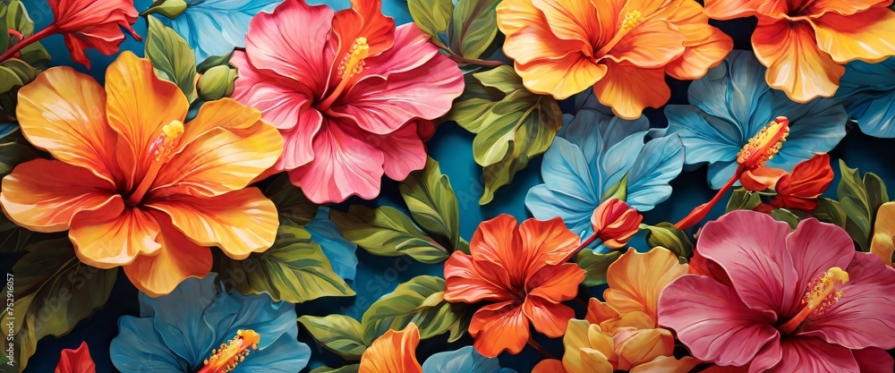 Capture the beauty of nature with a colorful hibiscus pattern in a whimsical and playful drawing style, featuring the exotic flowers in bold and striking designs that will add a pop of color Capture the beauty of nature with a colorful hibiscus pattern in a whimsical and playful drawing style, featuring the exotic flowers in bold and striking designs that will add a pop of color