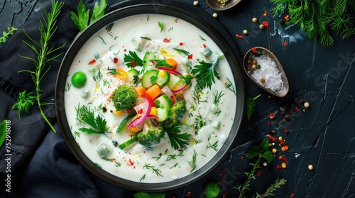 summer cold soup with yogurt and vegetables, showcasing the traditional Russian cold soup, okroshka.