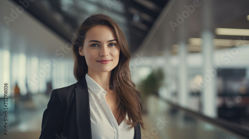 Successful young businesswoman standing in a modern business building - pretty smiling confident woman with long hair