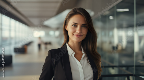 Successful young businesswoman standing in a modern business building - pretty smiling confident woman with long hair