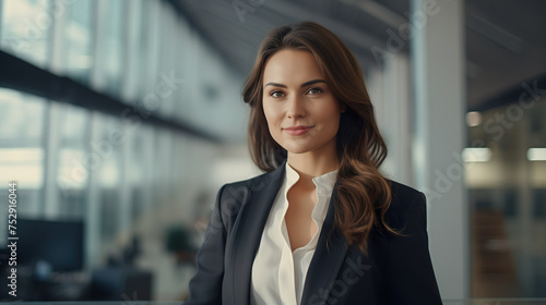 Successful young businesswoman standing in a modern business building - pretty smiling confident woman with long hair © DigitalDreamscape