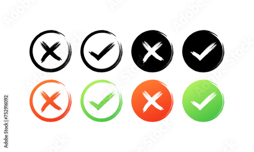 Cross and check mark icon set. Silhouette and flat style. Vector icons