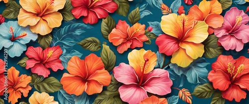 Capture the beauty of nature with a colorful hibiscus pattern in a whimsical and playful drawing style, featuring the exotic flowers in bold and striking designs that will add a pop of color © HumblePride