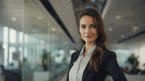 Successful young businesswoman standing in a modern business building - pretty smiling confident woman with long hair