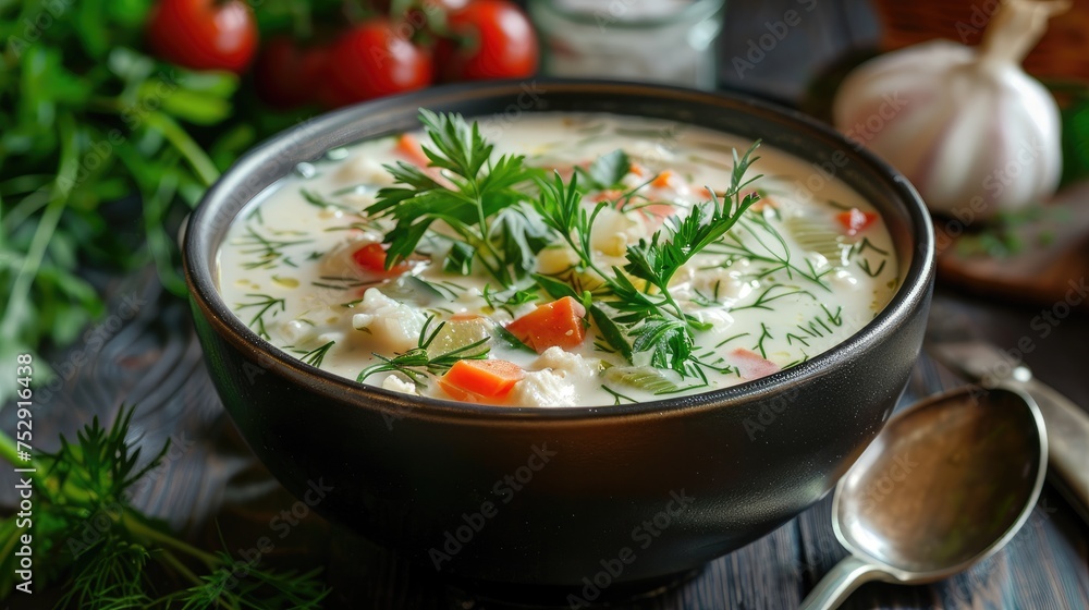 summer cold soup with yogurt and vegetables, showcasing the traditional Russian cold soup, okroshka.