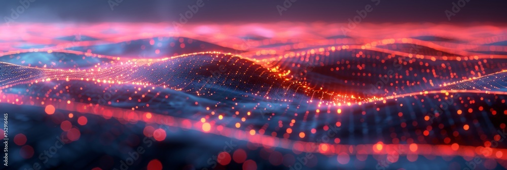 Fototapeta premium Vibrant digital wave landscape with particles. A high-quality 3D render of a dynamic digital wave landscape with illuminated particle dots creating a cosmic atmosphere.