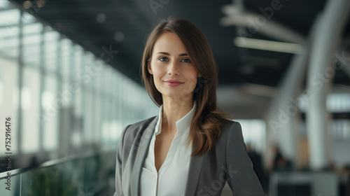 Successful young businesswoman standing in a modern business building - pretty smiling confident woman with long hair © DigitalDreamscape