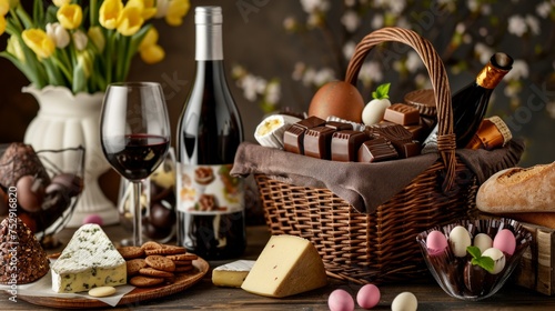 Elegant Easter Basket with Gourmet Delicacies and Wine
