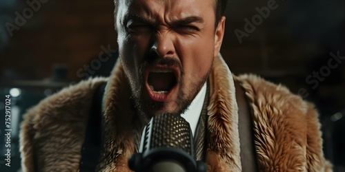 Wild vocalist rocking fur coat and suspenders screams into microphone isolated. Concept Rock Singer, Fur Coat, Suspenders, Microphone, Wild Performance