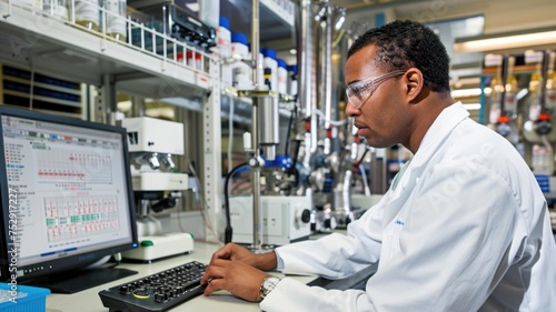 scientist monitoring the progress of an experiment on a lab computer connected to a network of analytical instruments