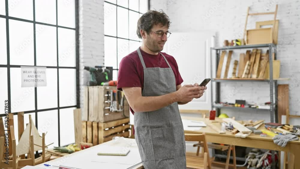 A young hispanic man in a workshop smiles while using a smartphone, surrounded by carpentry tools and woodworks. A young hispanic man in a workshop smiles while using a smartphone, surrounded by carpentry tools and woodworks.