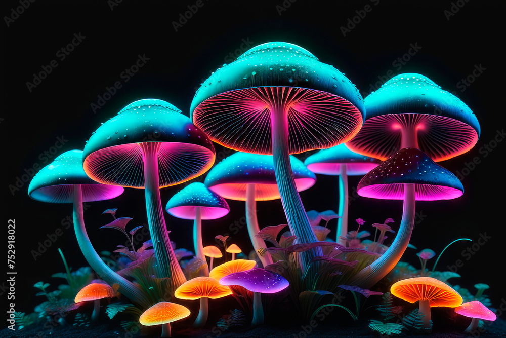 Fototapeta premium Mystical mushrooms with neon light on a in magical darkness.