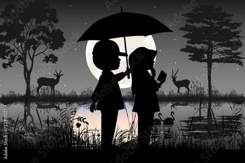little boy and girl silhouette landscape