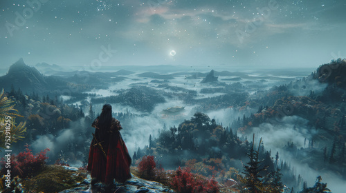 A cloaked figure overlooks a mystical forest valley under a starlit night sky.