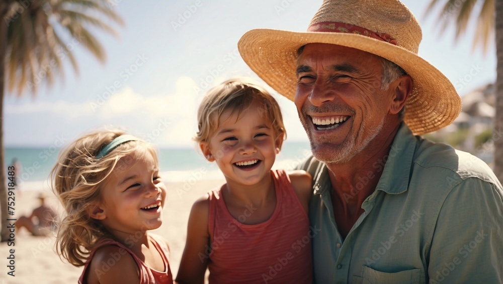 Laughing grandfather on beach with children. Joyful brother, sister on sunny day by seaside, reveling in the warmth of sun and joy of each other's company. Children on radiant day, joyful family