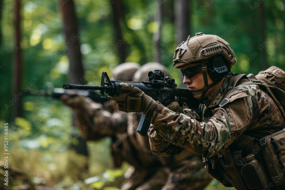 Camouflaged soldiers, fully equipped and vigilant, navigate through the dense forest with rifles raised, ready to shoot at a moment's notice, exemplifying the intensity.