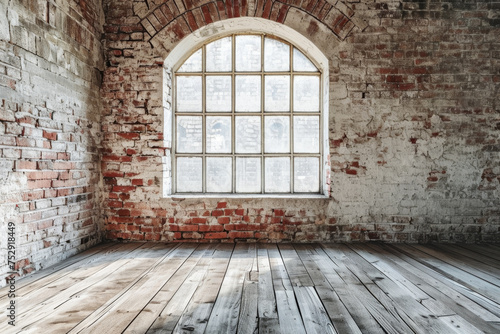 Empty room made of old brick with wooden floor and antique window for design.