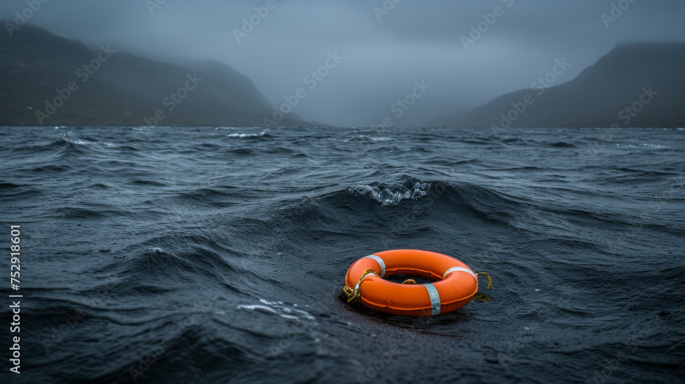 A lifebuoy, a symbol of safety, floats in the choppy waters amidst a raging storm.