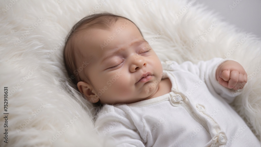 Slumbering adorable newborn lies in white fluffy blanket, peacefully swaddled in softness, embodying innocence, tranquility. Sleeping cherubic infant rests peacefully on a fluffy white blanket Slumbering adorable newborn lies in white fluffy blanket, peacefully swaddled in softness, embodying innocence, tranquility. Sleeping cherubic infant rests peacefully on a fluffy white blanket