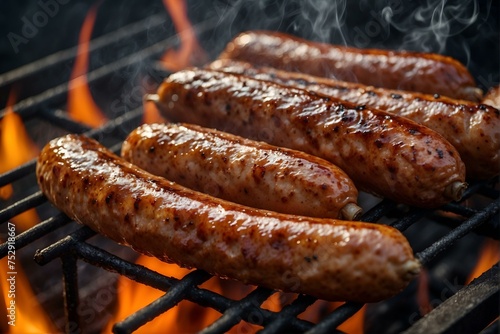 Tasty pork sausages cooking on a hot griddle over open flames, showing the smoke and the browned, crispy casing photo