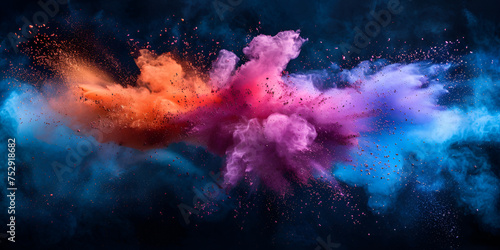 Explosion blue aqua red yellow violet dust powder colorful explosion with black background photo