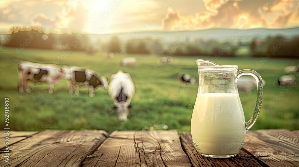 a transparent glass jug of milk placed on a wooden table, with cows strolling on grass in the background, offering ample copy space under professional lighting. a transparent glass jug of milk placed on a wooden table, with cows strolling on grass in the background, offering ample copy space under professional lighting.