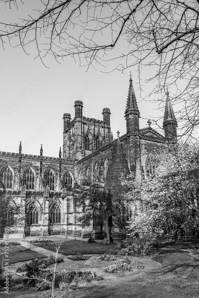 Chester, Cheshire, England, UK: Chester Cathedral dedicated to Christ and the Blessed Virgin Mary in black and white