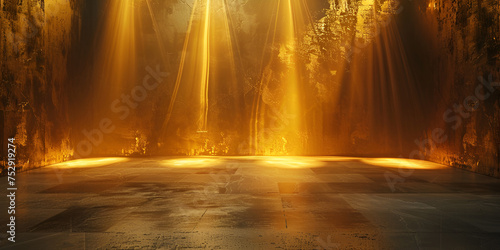 Empty stage Chandelier Lighting Star backlight scene shining down on gold podium clear fog clouds colored background 