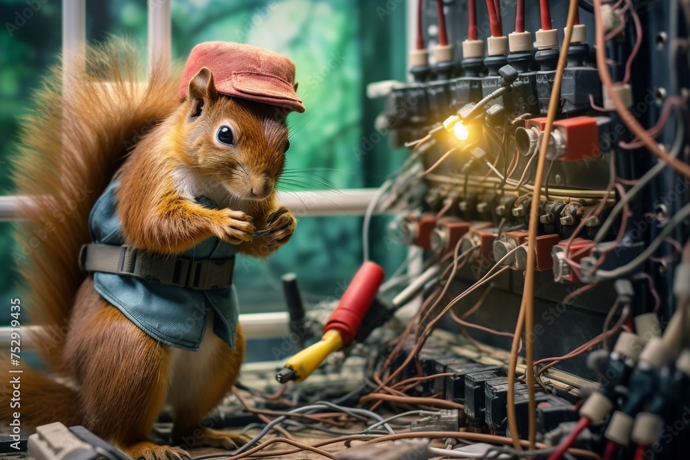 Squirrel as an electrician fixing wires