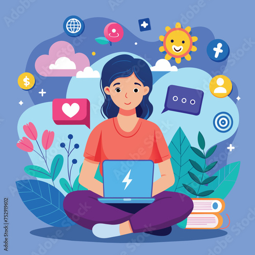 Woman sitting in flor with laptop on blue background with social media icons © Rony