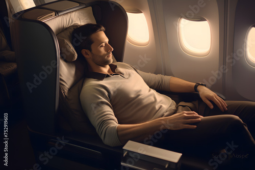 Man sleeps in a comfortable recline seat on an airplane, premium economy class photo