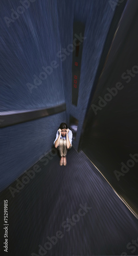 Canvas Print Person, stress and fear elevator with worry for trapped, claustrophobia or anxiety in emergency