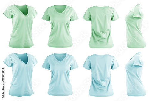 2 Set of woman pastel green turquoise blue tee t shirt v-neck slim cut, front back and side view on transparent background cutout, PNG file. Mockup template for artwork graphic design