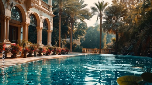A luxurious mansion overlooking a serene river, with a sprawling swimming pool glistening in the sunlight, surrounded by vibrant flowers and palm trees