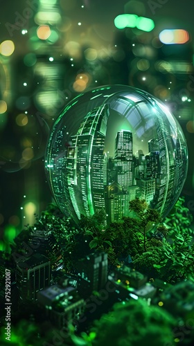 A highly detailed green city sphere with lights around it A green glass ball created by a pewter studio in a futuristic style A green cityscape within an organic globe in the style