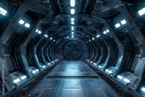 docking bay of an empty spaceport realistic professional photo