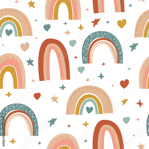 Rainbow seamless pattern. Vector hand drawn rainbow in cartoon Scandinavian boho style for kids wrapping paper, textile, wallpaper, prints, fabric. Rainbow set with clouds, stars, heart.