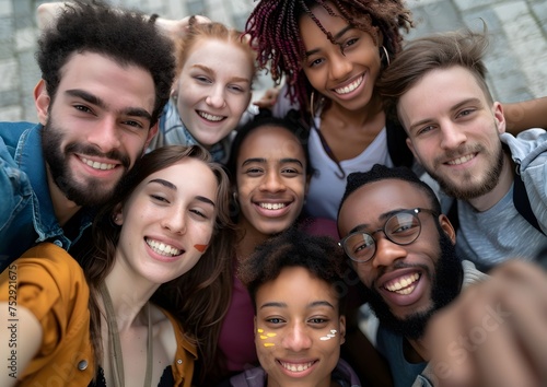 Multiracial friends taking big group selfie shot smiling at the camera 