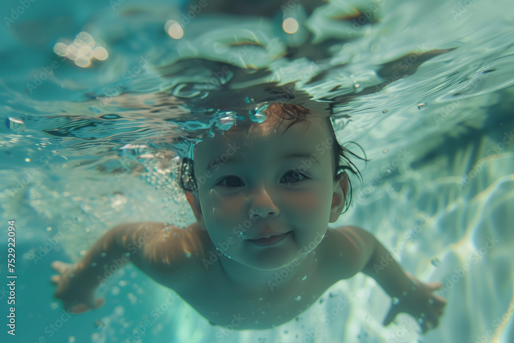 Little baby swimming under water in the pool