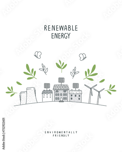 Vector illustration of Environmentally friendly planet. Cartoon sketch of eco factory with solar panels and wind energy resource . Ecology industry and alternative energy concept.