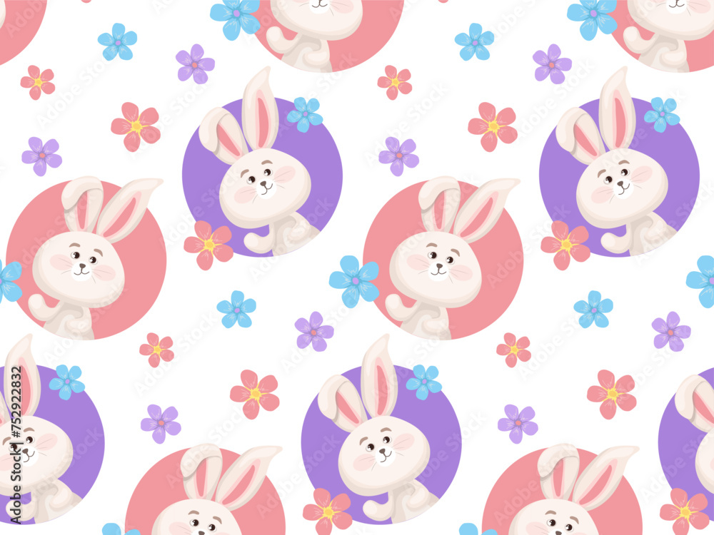 Seamless pattern white rabbit in colored circles and spring primitive flowers isolated on white background. Vector endless childish background for decoration of holiday, Easter, birthday, congratulati Seamless pattern white rabbit in colored circles and spring primitive flowers isolated on white background. Vector endless childish background for decoration of holiday, Easter, birthday, congratulati