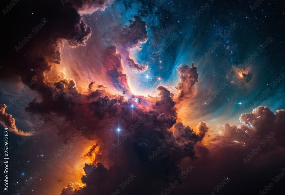 A celestial panorama featuring an expansive nebula, with intertwining clouds of vibrant oranges, reds, and blues, dusted with stars and lit by the brilliant flashes of light and cosmic energy. - obrazy, fototapety, plakaty 