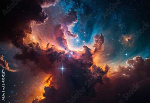 A celestial panorama featuring an expansive nebula, with intertwining clouds of vibrant oranges, reds, and blues, dusted with stars and lit by the brilliant flashes of light and cosmic energy. © Konstantinos