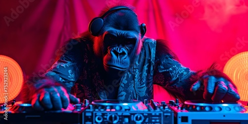 A stylish gorilla DJ playing vibrant jungle beats with flair and groove. Concept Wildlife DJ, Jungle Vibes, Groovy Gorilla, Stylish Spinner, Vibrant Rhythms