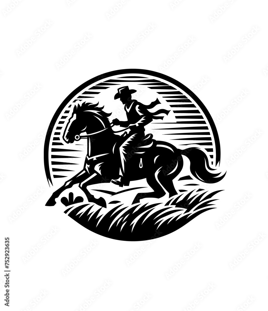 Cowboy on riding horse. Wild west isolated vector illustration.