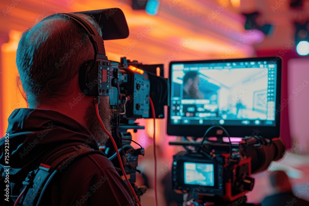 man working with a video camera. generative ai man working with a video camera. generative ai