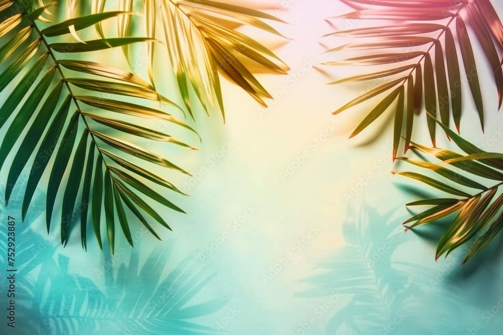 Summer tropical palm leaves flat lay background with a blank space, stylized image. generative ai.
