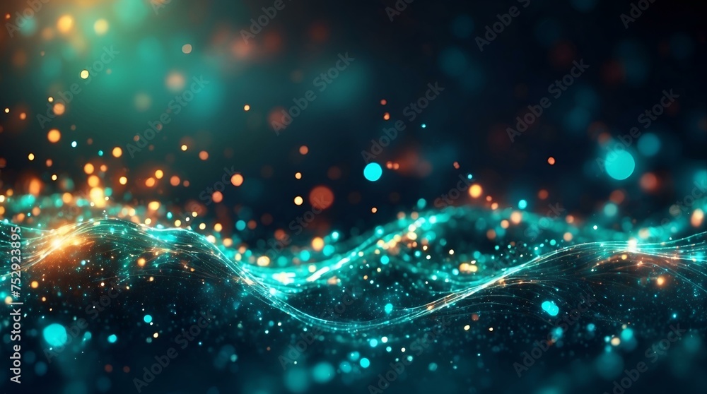 An abstract digital art of particle waves with blue and orange light points, symbolizing connection