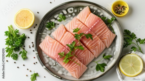 Fresh raw salmon fillets on a plate with herbs and lemon top view