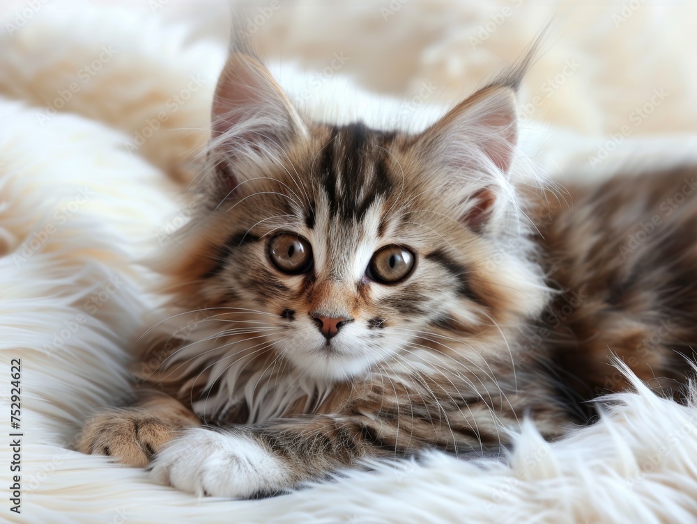 Obraz premium Young Cat Resting on White Fur Background